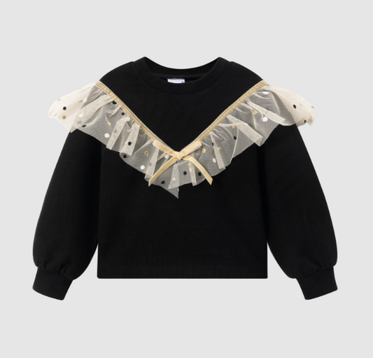 Sweat noir à volants en tulle avec nœud Fille