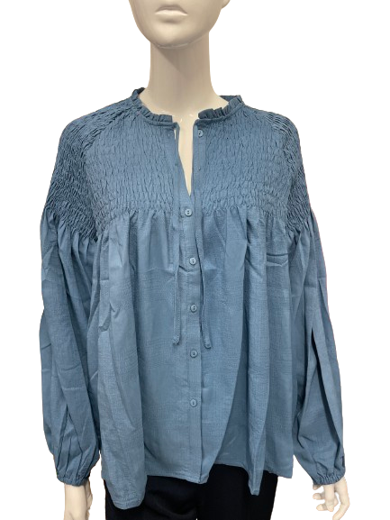 Blouse bleue smockée