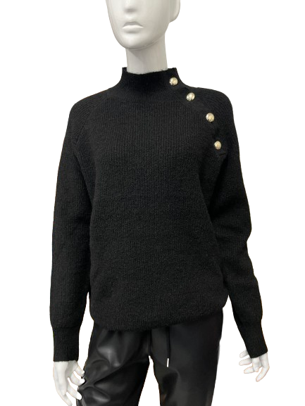 Pull noir col montant boutons dorés