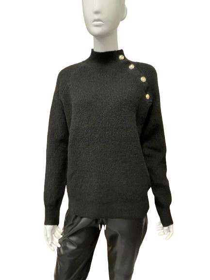 Pull noir col montant boutons dorés