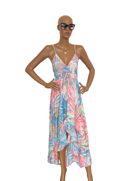 Robe imprimée en soie à fines bretelles (rose / turquoise)