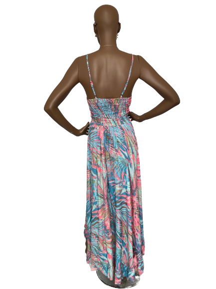Robe imprimée en soie à fines bretelles (rose / turquoise)