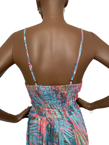 Robe imprimée en soie à fines bretelles (rose / turquoise)