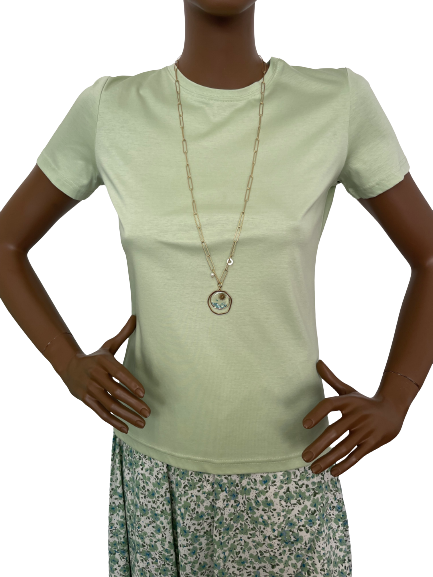 Collier sautoir avec pendant en verre et éclats de nacre teintée