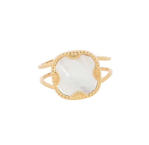 Bague dorée avec pierre carrée Nacre Blanche