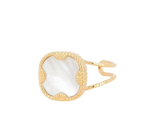 Bague dorée avec pierre carrée Nacre Blanche