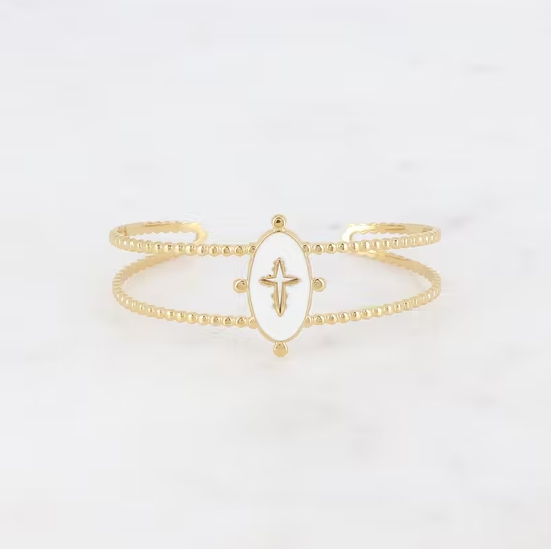 Bracelet jonc doré et croix blanche