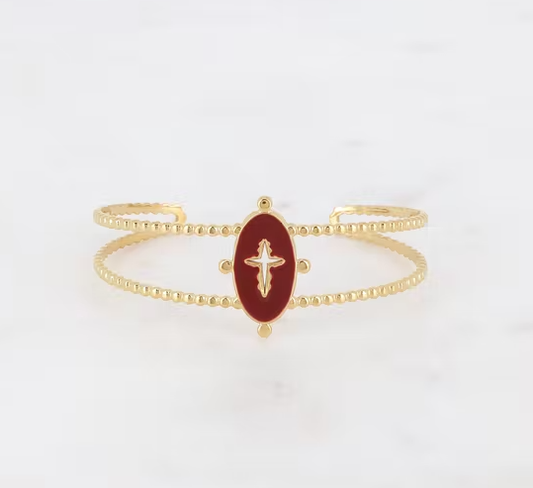 Bracelet jonc doré et croix rouge