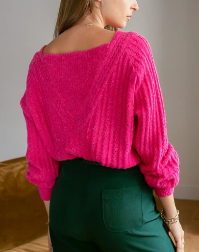 Pull rose col V réversible