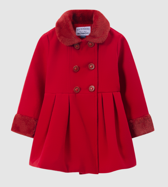 Manteau rouge col et manches fausse fourrure Fille