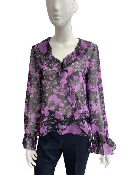 Blouse violette à volants imprimée