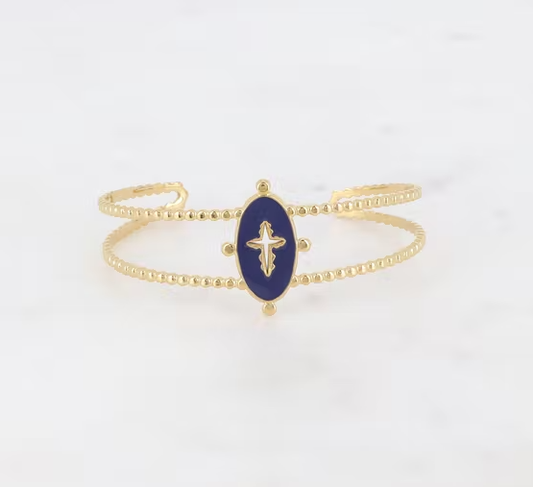 Bracelet jonc doré et croix bleue